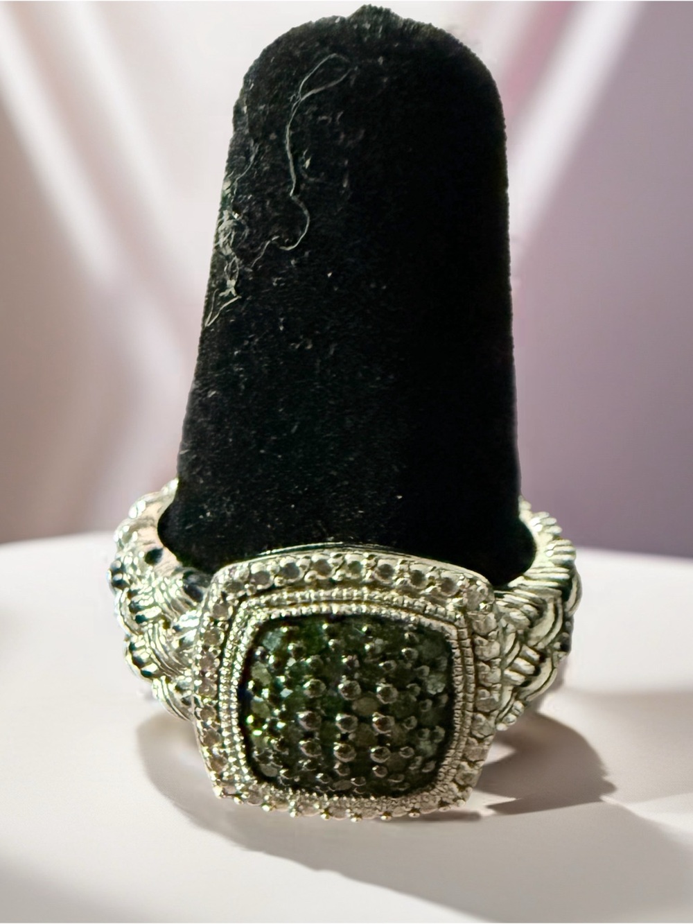 Sterling-Style Silver Ring with Dark Green Pavé Center Listing for Live Show